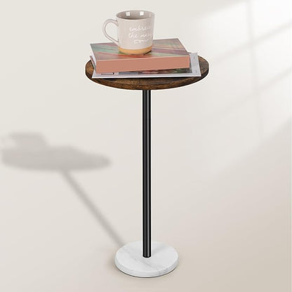 smusei Small Side Table for Small Spaces Round Bar Table with Marble Base Round End Table Drink Table Pedestal for Sofa Couch Chair Patio, Brown