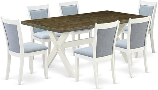 East West Furniture X077MZ015-7 7 Piece Dining Room Table Set Consist of a Rectangle Kitchen Table with X-Legs and 6 Baby Blue Linen Fabric Parson Dining Chairs, 40x72 Inch, Multi-Color