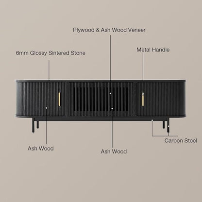 POVISON Fully-Assembled Mid Century Modern Black TV Stand with White Glossy Sintered Stone Tabletop & LED Lights, Rolling Door Media Console, Wood TV Console for Living Room