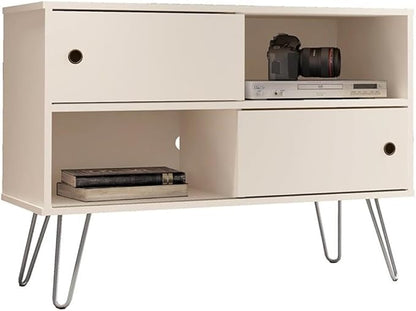 Manhattan Comfort Baxter 35" Mid Century TV Stand for Bedroom and Living Room Use, Entertainment Center with Storage, Shelves and Sliding doors, Ideal for 32 to 40 Inch Screens, Off White