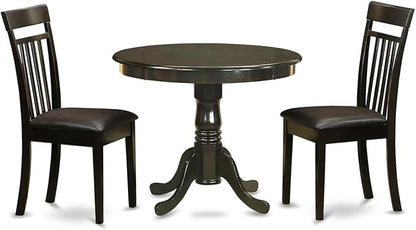 East West Furniture ANCA3-CAP-LC 3 Piece Dining Room Table Set Contains a Round Wooden Table with Pedestal and 2 Faux Leather Kitchen Dining Chairs, 36x36 Inch, Cappuccino