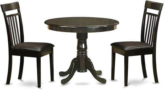 East West Furniture ANCA3-CAP-LC 3 Piece Dining Room Table Set Contains a Round Wooden Table with Pedestal and 2 Faux Leather Kitchen Dining Chairs, 36x36 Inch, Cappuccino