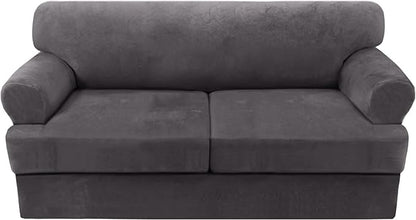 H.VERSAILTEX Sofa Cover 3 Piece T Cushion Sofa Slipcovers Thick Velvet Couch Cover Furniture Protector Stretch T Cushion Sofa Covers for 2 Cushion Couch with 2 T Cushion Covers Washable, Grey