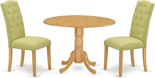 East West Furniture DLCE3-OAK-07 3 Piece Dining Set Contains a Round Dining Room Table with Dropleaf and 2 Limelight Linen Fabric Upholstered Parson Chairs, 42x42 Inch, Oak