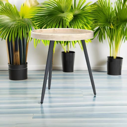 LITA Log Desktop Round Side End Table, Indoor Outdoor Wooden Tray Nightstand Table with Metal Stand for Living Room Bedroom Office Small Spaces (M)