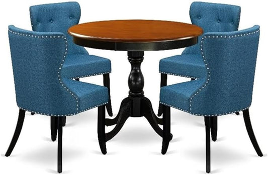 East West Furniture AMSI5-BCH-21 5 Piece Dining Room Furniture Set Includes a Round Kitchen Table with Pedestal and 4 Blue Linen Fabric Parsons Dining Chairs, 36x36 Inch, Black & Cherry