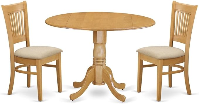 East West Furniture DLVA3-OAK-C 3 Piece Dining Set Contains a Round Dining Room Table with Dropleaf and 2 Linen Fabric Upholstered Chairs, 42x42 Inch, Oak