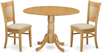 East West Furniture DLVA3-OAK-C 3 Piece Dining Set Contains a Round Dining Room Table with Dropleaf and 2 Linen Fabric Upholstered Chairs, 42x42 Inch, Oak