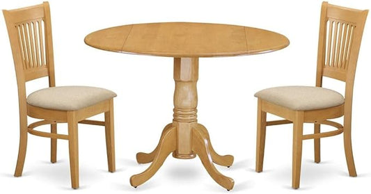 East West Furniture DLVA3-OAK-C 3 Piece Dining Set Contains a Round Dining Room Table with Dropleaf and 2 Linen Fabric Upholstered Chairs, 42x42 Inch, Oak