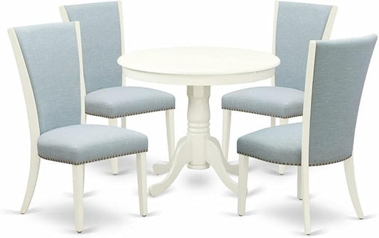 East West Furniture ANVE5-LWH-15 5 Piece Dining Room Furniture Set Includes a Round Kitchen Table with Pedestal and 4 Baby Blue Linen Fabric Parson Dining Chairs, 36x36 Inch, Linen White