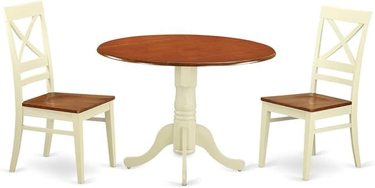 East West Furniture DLQU3-BMK-W 3 Piece Dining Room Furniture Set Contains a Round Kitchen Table with Dropleaf and 2 Dining Chairs, 42x42 Inch, Buttermilk & Cherry