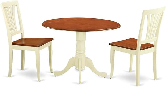 East West Furniture DLAV3-BMK-W 3 Piece Dining Table Set for Small Spaces Contains a Round Dining Room Table with Dropleaf and 2 Wooden Seat Chairs, 42x42 Inch, Buttermilk & Cherry