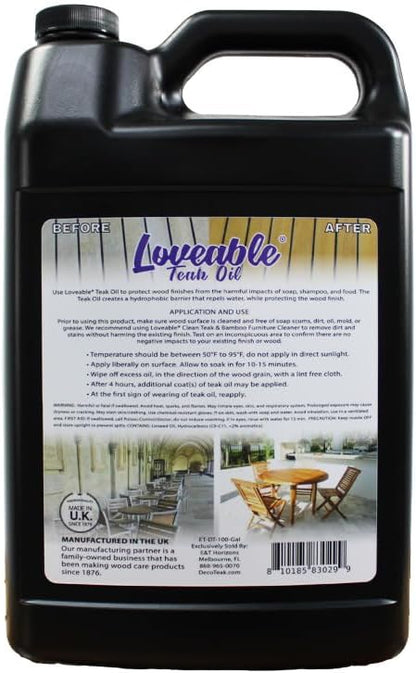 EcoDecors Loveable Teak Oil – 1 Gallon, Indoor and Outdoor Wood Protector, Marine-Grade, Plant-Based Formula, Deep-Penetrating Teak Treatment for Patio, Garden, Shower & Boat Wood Furniture