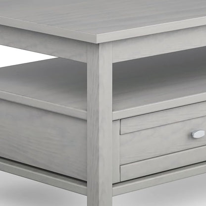 SIMPLIHOME Warm Shaker Coffee Table - 48 inch Wide Solid Wood Cocktail Table in Fog Grey, Transitional Living Room Table with 2 Storage Drawers and Open Shelf for Sitting Area or Lounge