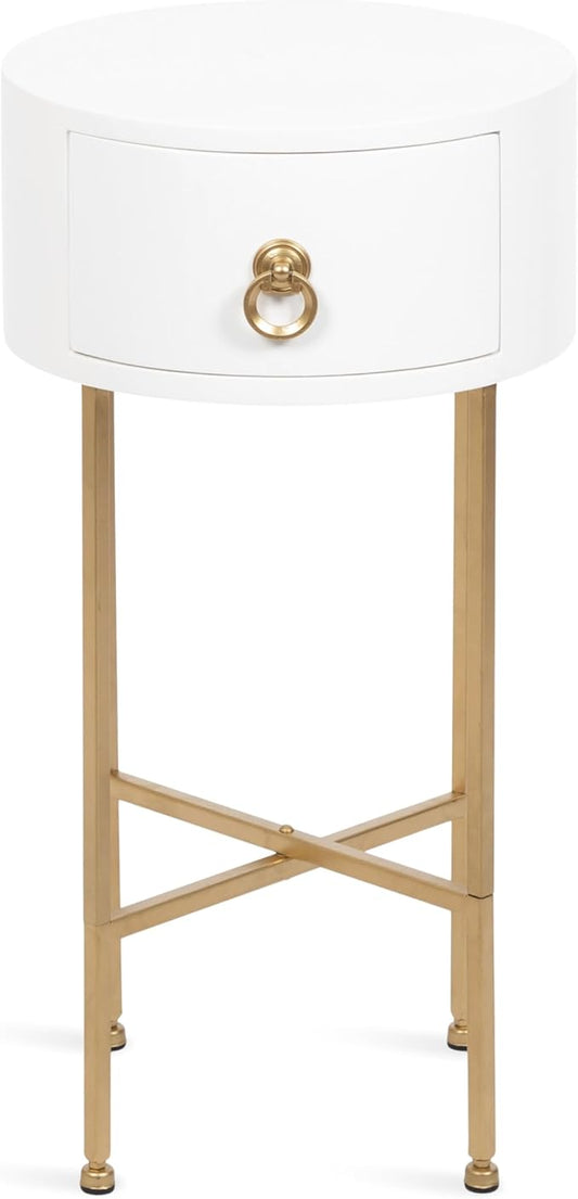 Kate and Laurel Decklyn Decorative Glam Round Side Table, 14 x 14 x 24, White and Gold, Modern Circle Living Room Table with Pull Drawer for Useful Storage