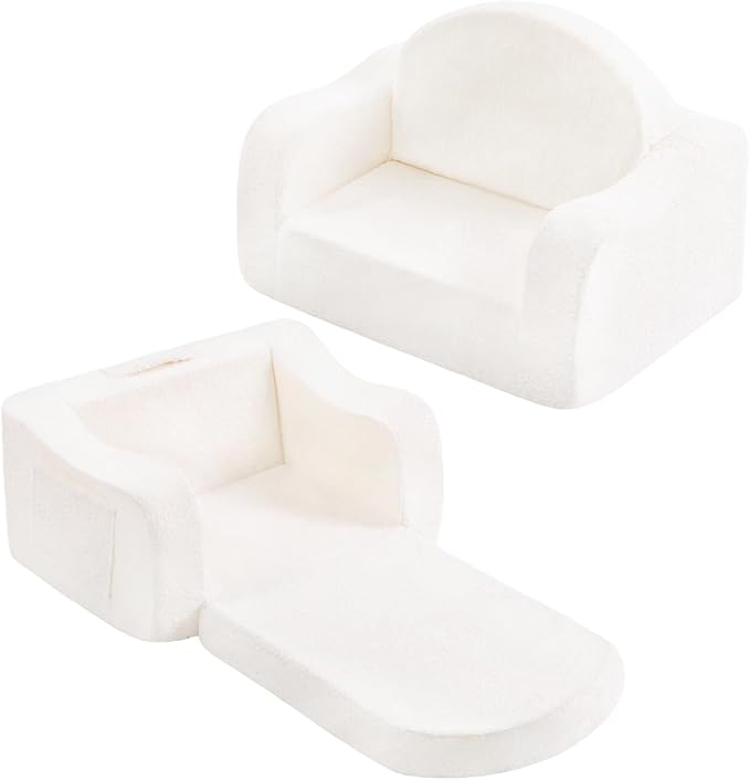 Welnow Kids Sofa, 2-in-1 Soft Sherpa Toddler Chair, Convertible Toddler Couch Lounger, Flip Out Kids Couch Chair with Side Pockets & Removable Cover for Girls and Boys, Beige