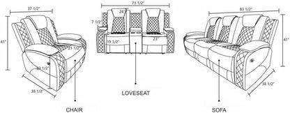 Electric Power Recliner Chair/Loveseat/Sofa Living Room, Comfy Home Theater Breathing Leather Seating with USB 2.0 Charging Ports, LED Light Strips, Fold-Down Table & Cupholders (Black, 3-Piece)