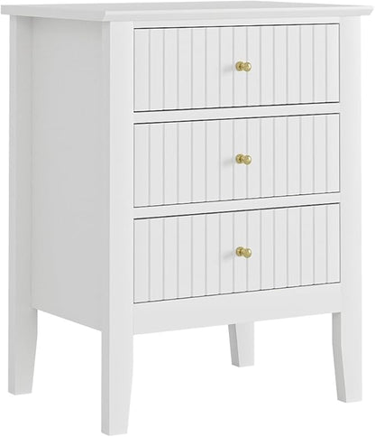 Fluted Nightstand, Farmhouse Night Stand with 3 Drawers, Mid Century Modern Side Accent Table,Bedside End Table for Bedroom, Living Room, White