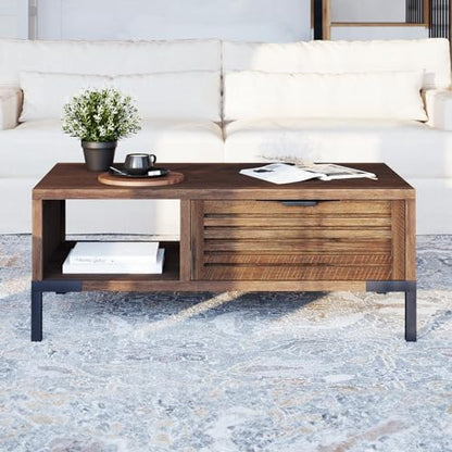 Bme Millie Coffee Tables for Living Room - Industrial Rustic - Two Drawers - Open Shelf - Rustic Scuffed Texture - Convenient Metal Handle and Sturdy Legs with Levelers - Easy Assembly - Chestnut