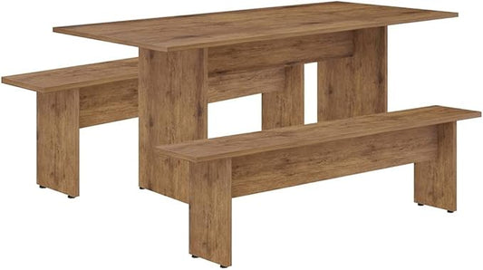 Manhattan Comfort Nomad 3 Piece Dining Set for 6 with Modern Kitchen Table and 2 Benches, Farmhouse Furniture with Rustic Wood Grain Finish, Pedestal Base, Easy Assembly, Dining Set, Nature