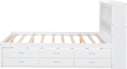 Full Size Pine Wood Platform Bed with Trundle,Drawers,2 Ports and 2 USB Plugs,Storage Bed with Pull Out Shelves,No Box Spring Needed,Perfect for Adults,Teens Bedroom Furniture,White