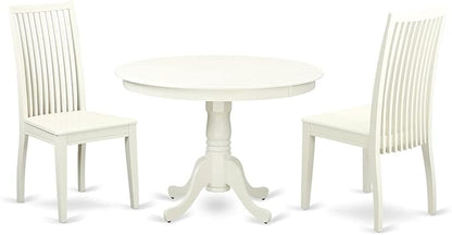 East West Furniture HLIP3-LWH-W 3 Piece Kitchen Table Set for Small Spaces Contains a Round Dining Room Table with Pedestal and 2 Solid Wood Seat Chairs, 42x42 Inch, Linen White