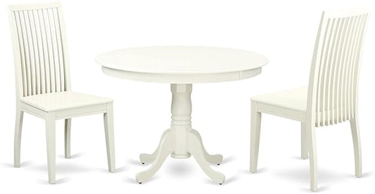 East West Furniture HLIP3-LWH-W 3 Piece Kitchen Table Set for Small Spaces Contains a Round Dining Room Table with Pedestal and 2 Solid Wood Seat Chairs, 42x42 Inch, Linen White