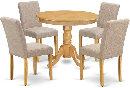 East West Furniture ANAB5-OAK-04 5 Piece Dining Table Set for 4 Includes a Round Kitchen Table with Pedestal and 4 Light Tan Linen Fabric Parson Dining Chairs, 36x36 Inch, Oak