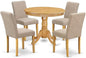 East West Furniture ANAB5-OAK-04 5 Piece Dining Table Set for 4 Includes a Round Kitchen Table with Pedestal and 4 Light Tan Linen Fabric Parson Dining Chairs, 36x36 Inch, Oak