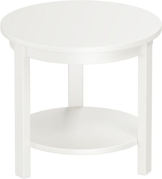 Small Round Wood Coffee Table with Storage Shelf, Living Room Side Table for Couch Sofa, 22 x 20 Inches, 4-Tier Mid Century Modern Wooden End Table for Bedroom, White