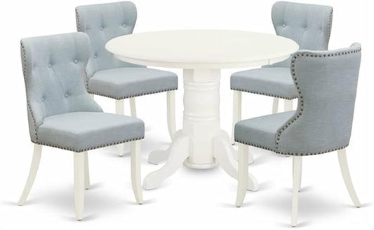 East West Furniture SHSI5-WHI-15 5 Piece Dining Table Set for 4 Includes a Round Kitchen Table with Pedestal and 4 Baby Blue Linen Fabric Parson Dining Chairs, 42x42 Inch, Linen White