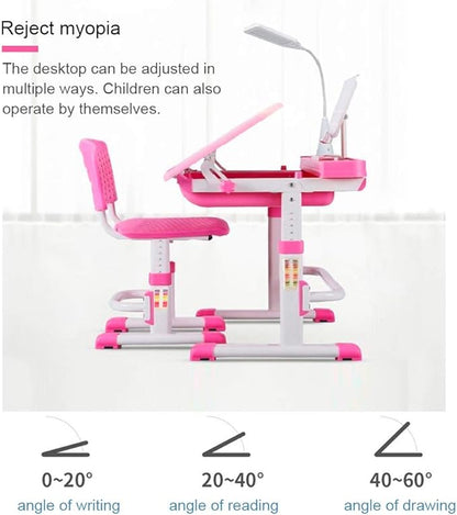 Kids Desk and Chair Set, Height Adjustable Children School Study Desk with Tilt Desktop, Bookstand, LED Lamp, Metal Hook and Storage Drawer for Boys Girls, Pink