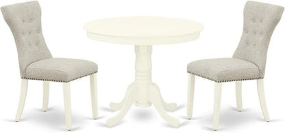 East West Furniture ANGA3-LWH-35 3 Piece Dining Room Furniture Set Contains a Round Dining Table with Pedestal and 2 Doeskin Linen Fabric Upholstered Chairs, 36x36 Inch, Linen White