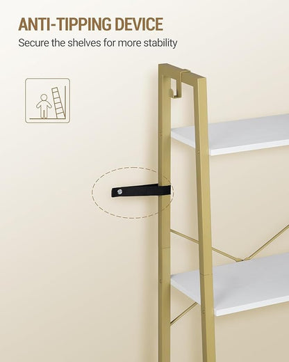 Ladder Shelf, Bookshelf Bookcase, Freestanding Corner Storage Shelve with 2 Hooks for Home Office, Living Room, Kitchen, Bedroom, Industrial, 5-Tier White Gold BC19213G