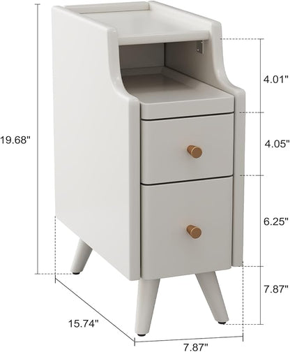 Narrow Nightstand with Drawers, Wood Bedside Table, Small White Nightstand Set of 2