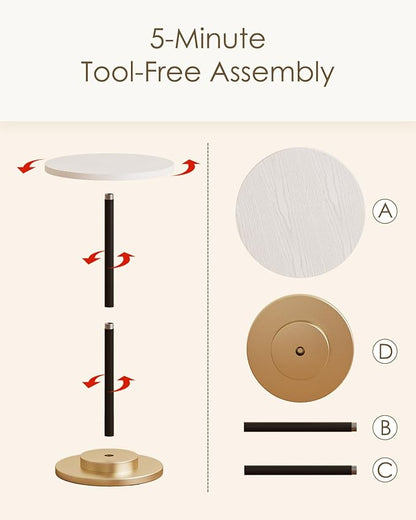 Masupu Drink Table, Round Side Table for Small Spaces, Pedestal Side Table, Small End Table with Metal Base, for Living Room, Bedroom, Bathroom, White