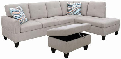Grey White L-Shaped 3-Piece Flannel Sofa with Storage Ottoman Set, Sectional Couch Sofa Set for Living Room, Office, Small Space