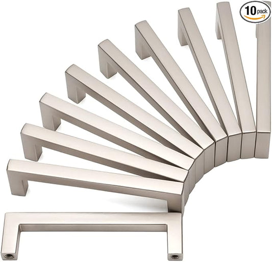 KOOFIZO Solid Square Bar Cabinet Handle - Brushed Nickel Furniture Pull, 3.8 Inch/96mm Screwhole Distance, 10-Pack for Kitchen Cupboard Door, Bedroom Dresser Drawer, Bathroom Wardrobe Hardware