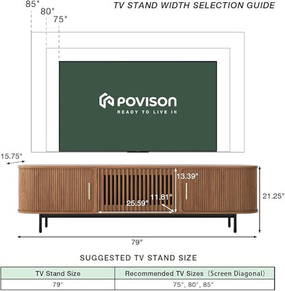 POVISON Sliding Tambour Door TV Stand with LED Lights, Mid Century Modern TV Console, Wood Media Console, Entertainment Center with Storage Cabinet, Fully-Assembled (Walnut, 78.74")