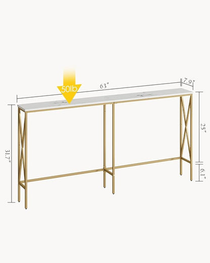 Masupu 63" Console Table, Modern Narrow Long Sofa Table Behind Couch, Skinny Entry Table, Industrial Sofa Table with Metal Frame for Hallway, Living Room, Marble White