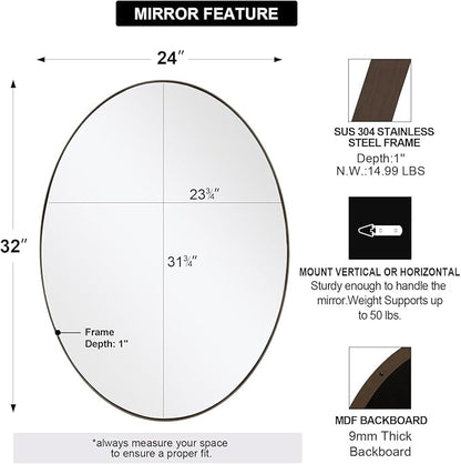 ANDY STAR Bronze Bathroom Mirror, 24x32 Inch Brushed Bronze Oval Mirror for Wall, Modern Bronze Mirror for Bathroom with Stainless Steel Metal Frame, Wall Mount Horizontal or Vertica