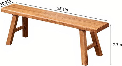 Farmhouse Wood Bench Indoor - 55.2Inch entryway Bench, Natural Solid Wood, Durable and Sturdy, Suitable for Dining Room, Bedroom, Porch and Other Narrow Spaces