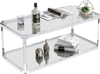 Glass Top Coffee Table, Sliver Rectangle Coffee Table Glass Top with 2 Tiers, Acrylic Leg, Chrome Frame, Modern Center Table for Living Room