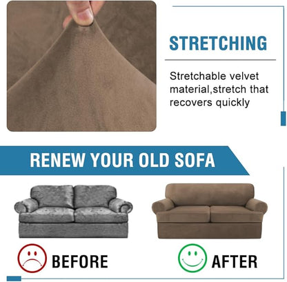 H.VERSAILTEX Sofa Cover 3 Piece T Cushion Sofa Slipcovers Thick Velvet Couch Cover Stretch T Cushion Sofa Covers for 2 Cushion Couch with 2 Individual T Cushion Covers, Mocha
