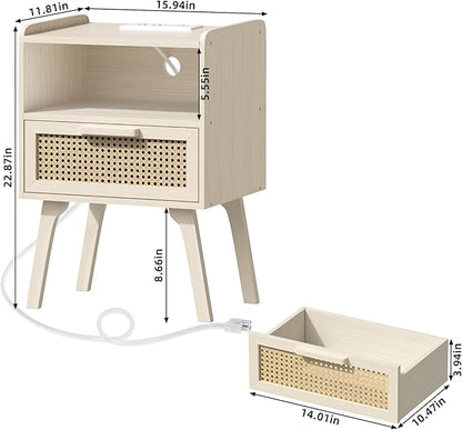 Lerliuo Rattan Nightstands Set of 2 with Charging Station, Side Table with Drawer Open Shelf, Cane Accent Bedside End Table, Night Stand for Bedroom, Dorm and Small Spaces (Grey White)