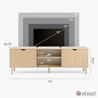 Contemporary Fluted TV Stand, 70 Inches TV Media Console, Supports 32 to 80" TVs, Media Console Cabinet for Living Room and Bedrooms, Soft-Close Cabinet Doors (Light Oak)