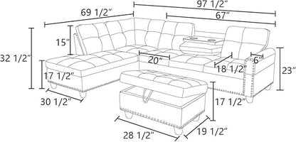 L Shaped Sectional Sofa with Ottoman, Nail-Head Design Leather Right Facing Modern Couches with Cup Holder for Living Room, Bedroom, Office, Black Leather