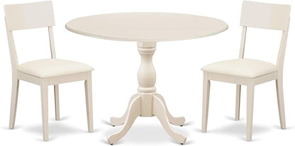 East West Furniture DMAD3-LWH-LC 3 Piece Dinette Set for Small Spaces Contains a Round Dining Table with Dropleaf and 2 Faux Leather Dining Room Chairs, 42x42 Inch, Linen White