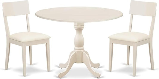 East West Furniture DMAD3-LWH-LC 3 Piece Dinette Set for Small Spaces Contains a Round Dining Table with Dropleaf and 2 Faux Leather Dining Room Chairs, 42x42 Inch, Linen White