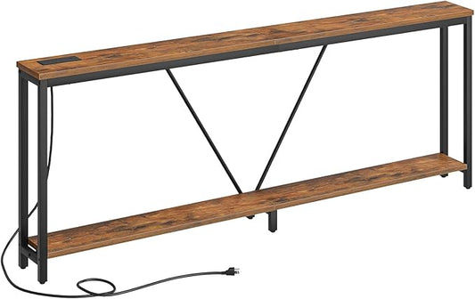 HOOBRO 78.7" Extra Long Sofa Console Table with Charging Station, 2-Tier Behind Couch Table with V-Brace, for Narrow Entryway, Hallway, Living Room, Rustic Brown BF206UXG01